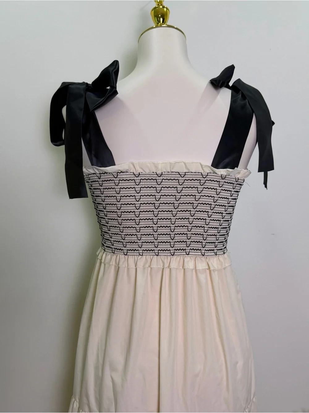 Smocked Bodice Tie-Shoulder Maxi Dress — Cream with Black Details Size Small - Picture 5 of 7
